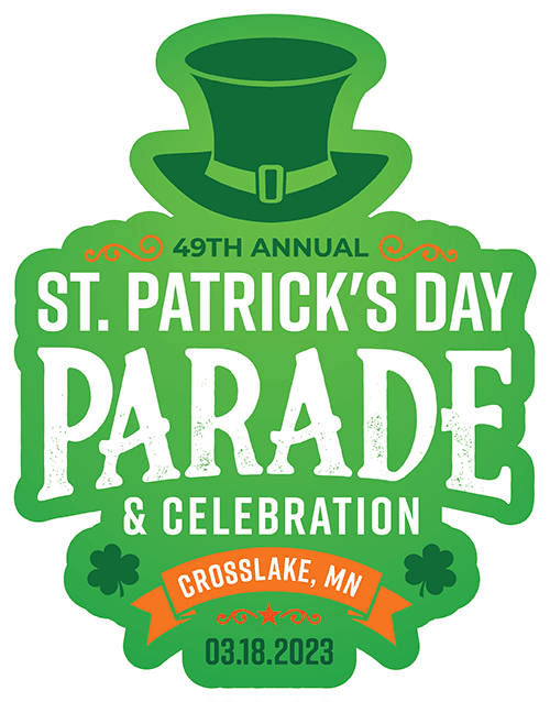 2023 Green white black and orange Crosslake St. Patrick's Day logo